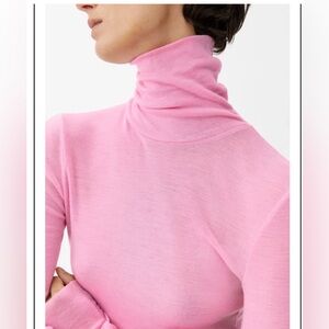 ARKET Sheer Merino Wool Roll-Neck Bubble Gum Pink Raw Hems Size Small